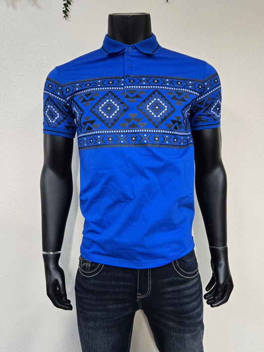 Lamasini Mens Aztec Stripe Polo Shirt - Black, Blue