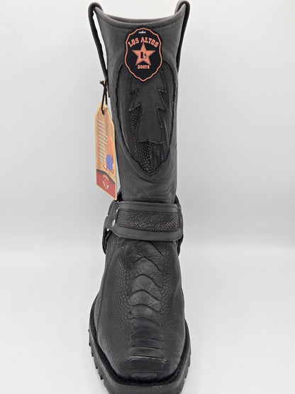 Los Altos Mens Ostrich Leg Biker Boot - Black