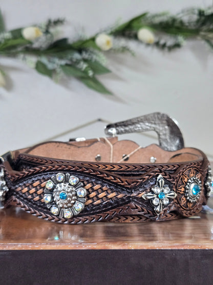 Tony Dilaz Womens Woven Jewel Flower Leather Belt