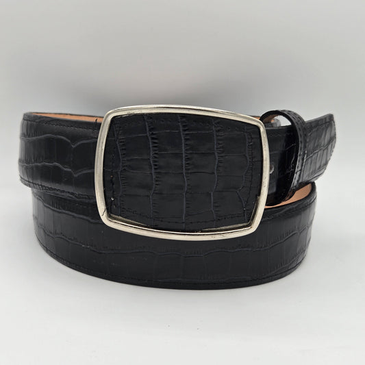 Denver Faux Caiman Print Rectangle Buckle Belt - Black