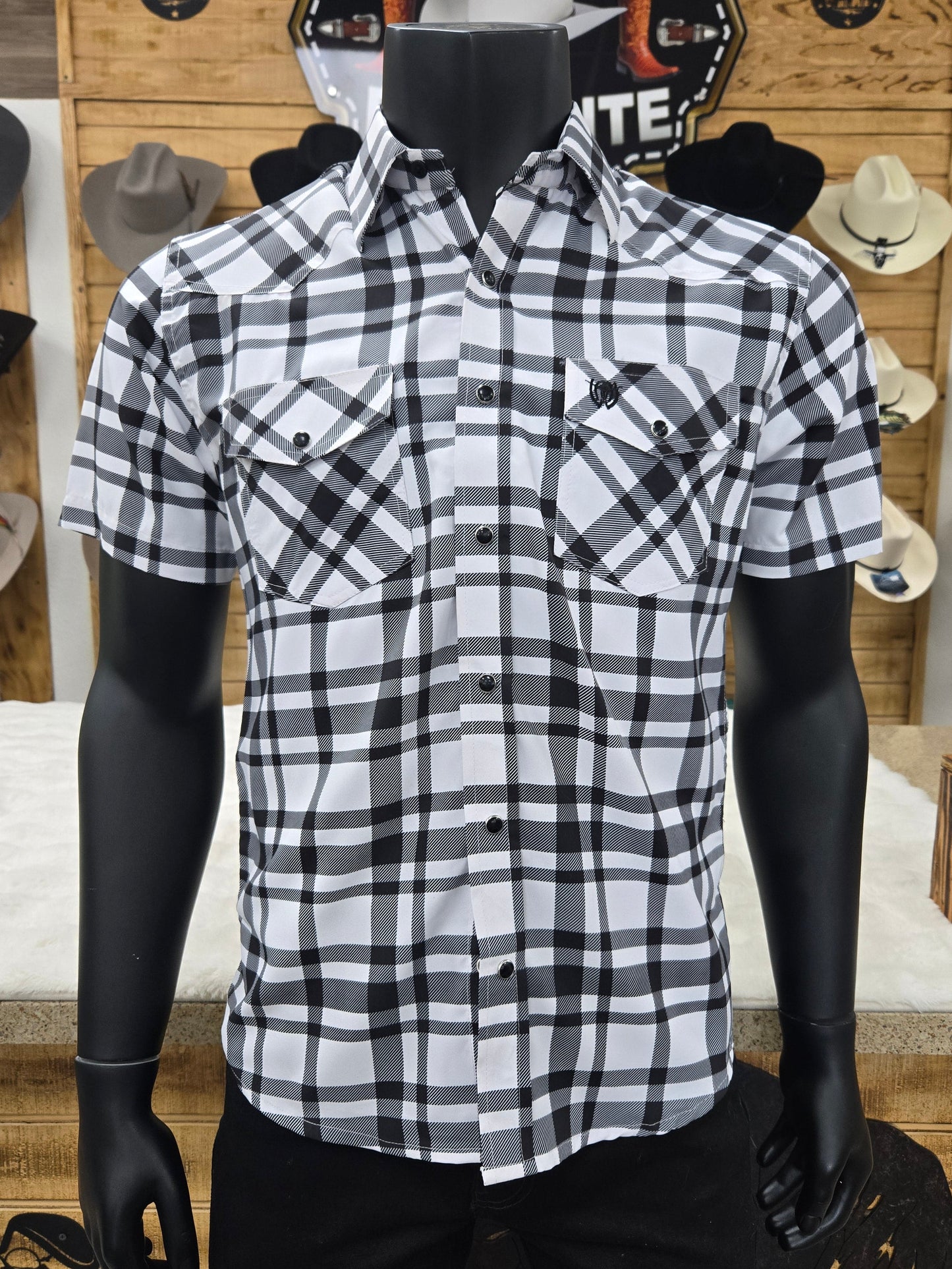American West Mens Santiago Short Sleeve Button Shirt - Black/White