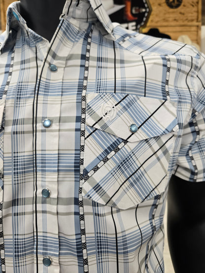 American West Mens Celso Short Sleeve Button Shirt - White/Blue
