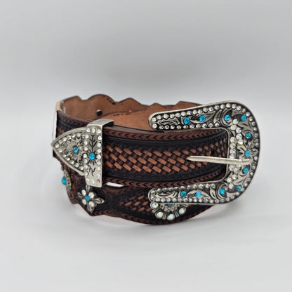 Tony Dilaz Womens Woven Jewel Flower Leather Belt