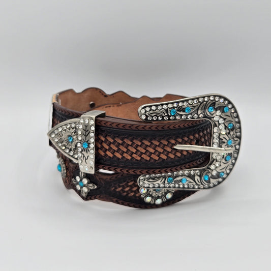 Tony Dilaz Womens Woven Jewel Flower Leather Belt