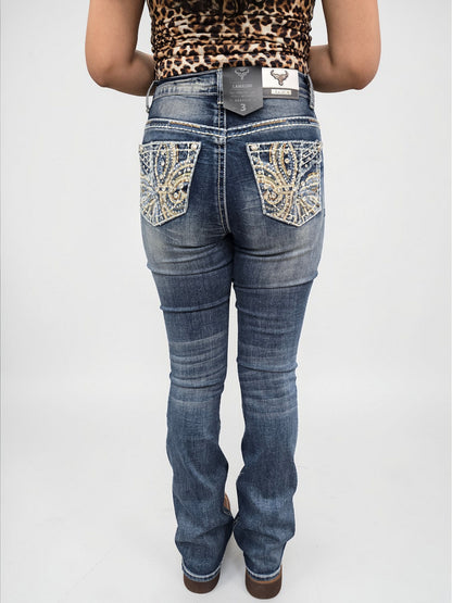 Lamasini Womens Starlight Bootcut Embroidered Jeans - L Blue 769