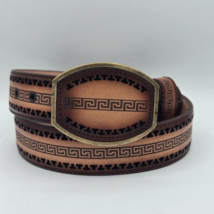 Del Cesar Greek Pattern Leather Belt