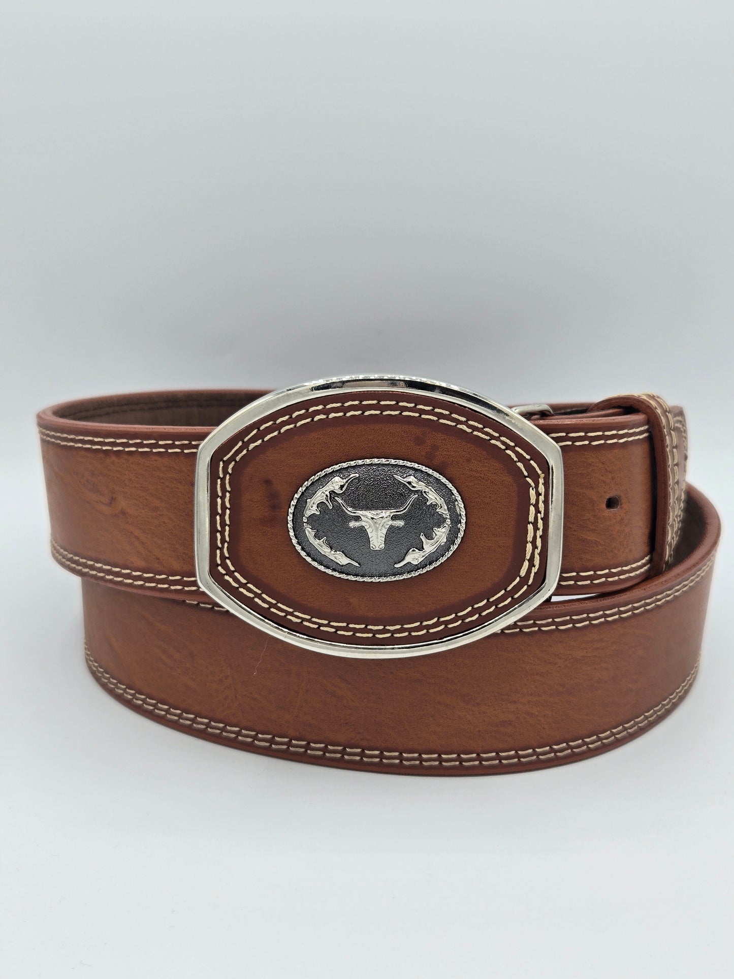 Variety Animals Pin Concho on Buckle Leather Belt -  Honey