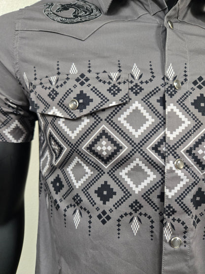Lamasini Mens Horse Herradura Crest Snap Shirt - Charcoal, White