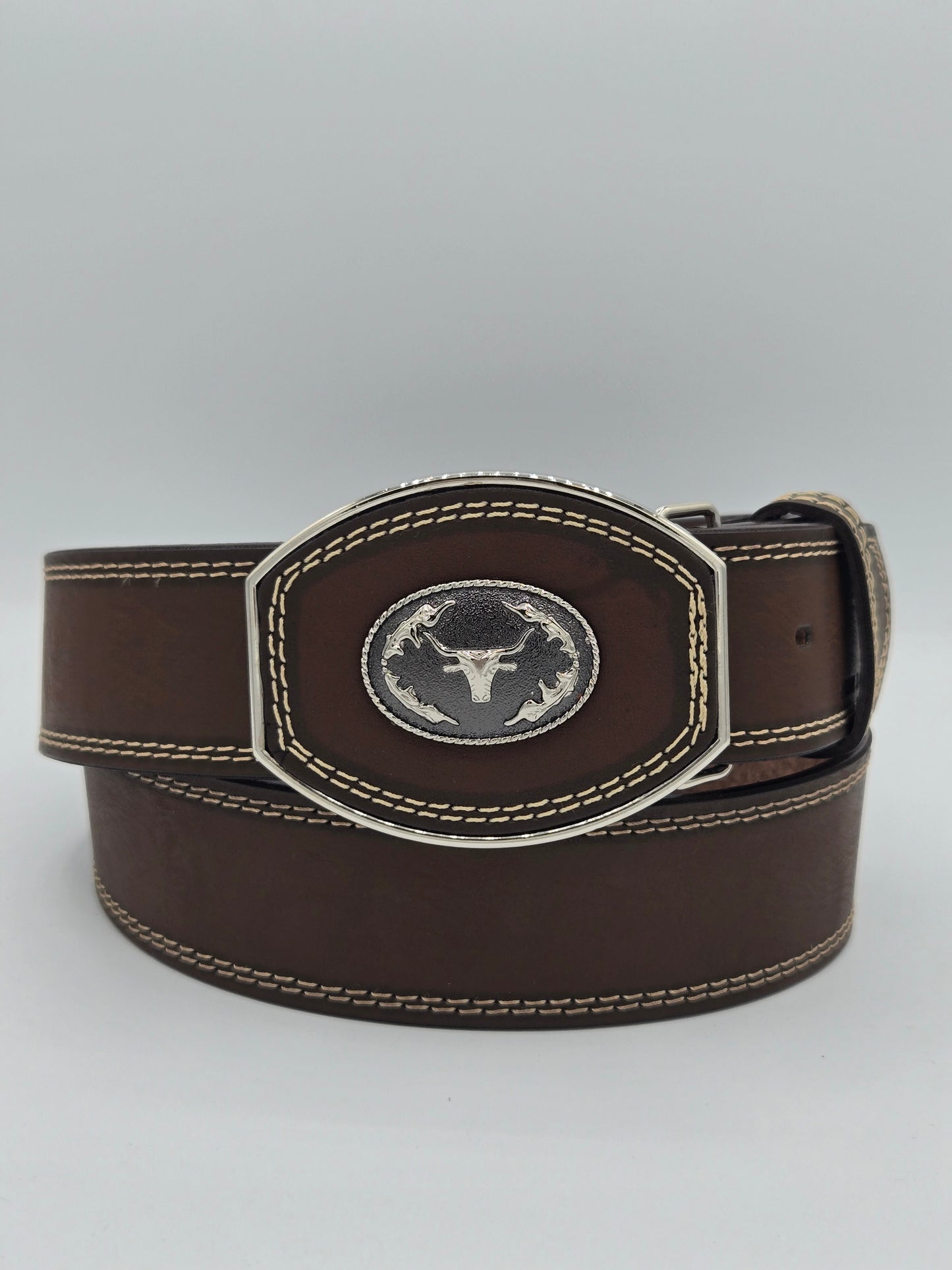 Variety Animals Pin Concho on Buckle Leather Belt -  Brown