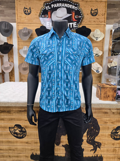 American West Mens Aztec Print Short Sleeve Button Shirt - Blue