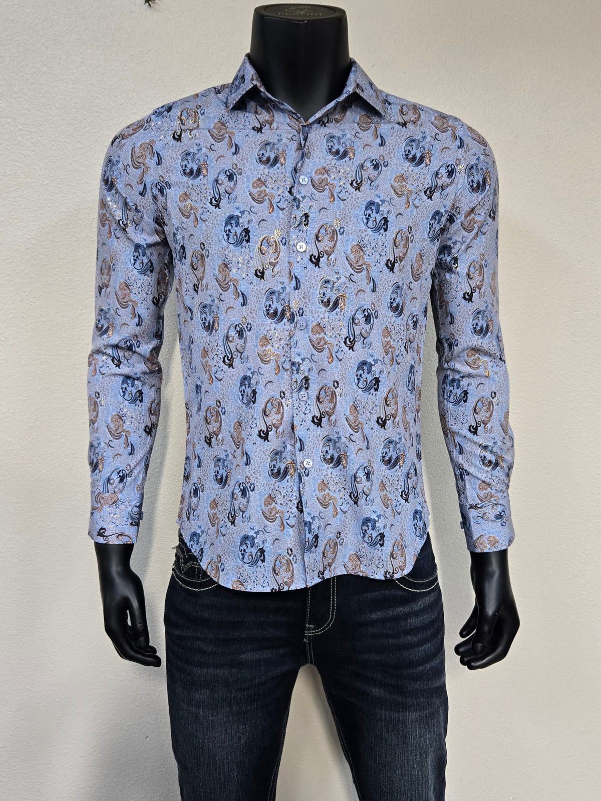 Montero Celso Long Sleeve Foil Shirt Camisa Fresca - Blue
