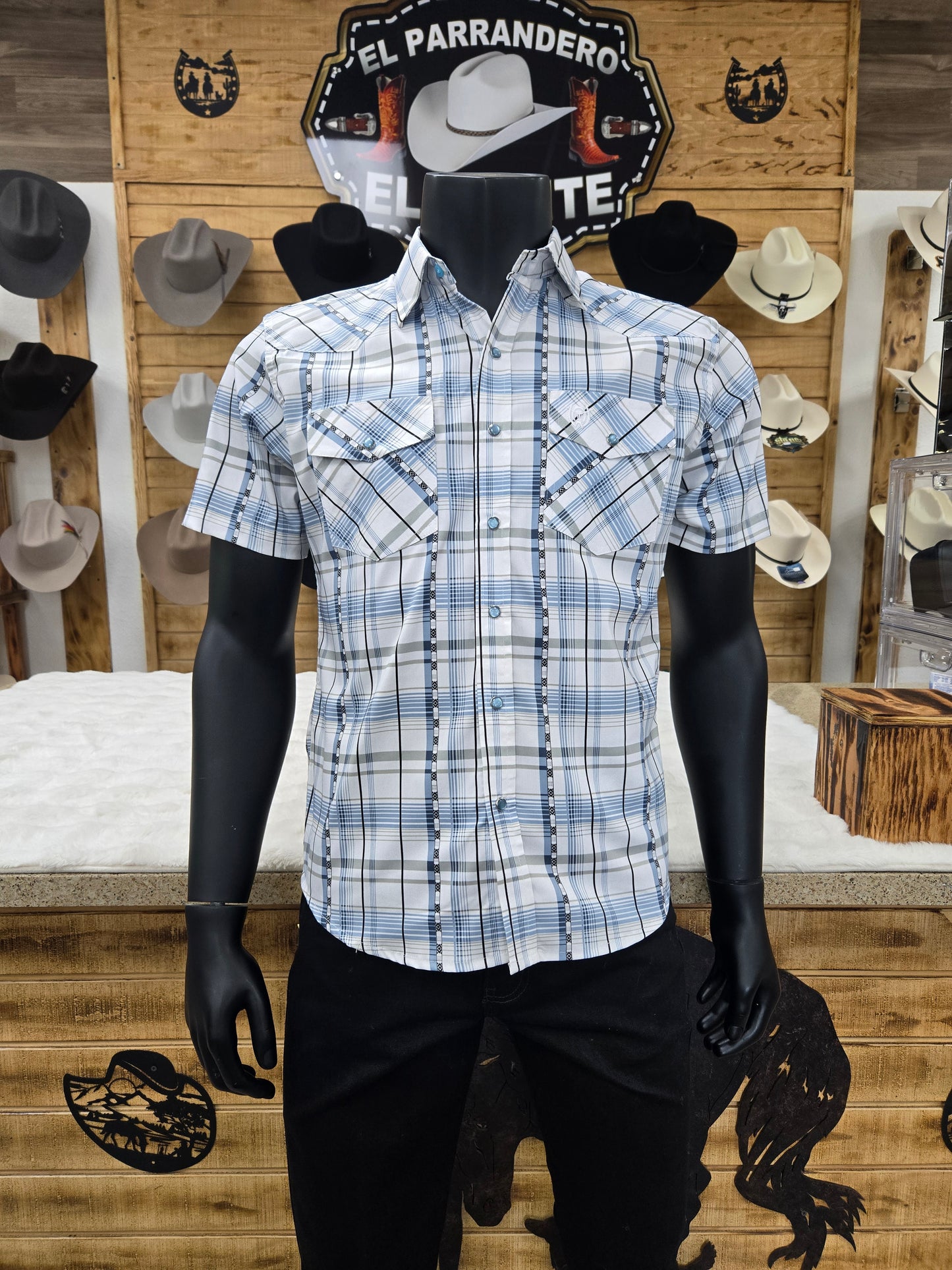 American West Mens Celso Short Sleeve Button Shirt - White/Blue