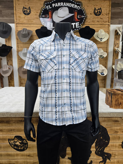 American West Mens Celso Short Sleeve Button Shirt - White/Blue