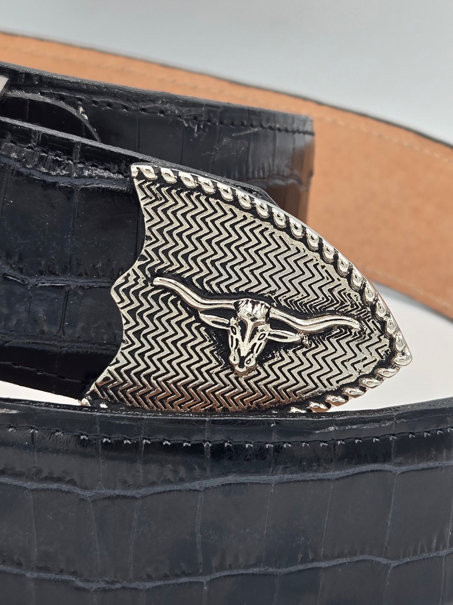 Denver Mens 3-Piece Buckle Caiman Design Belt - Black