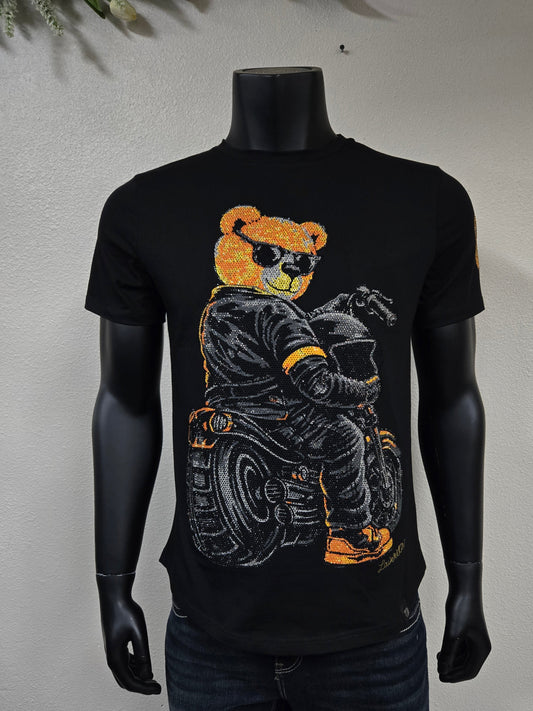 Mens Biker Bear Rhinestone Slim Fit TShirt