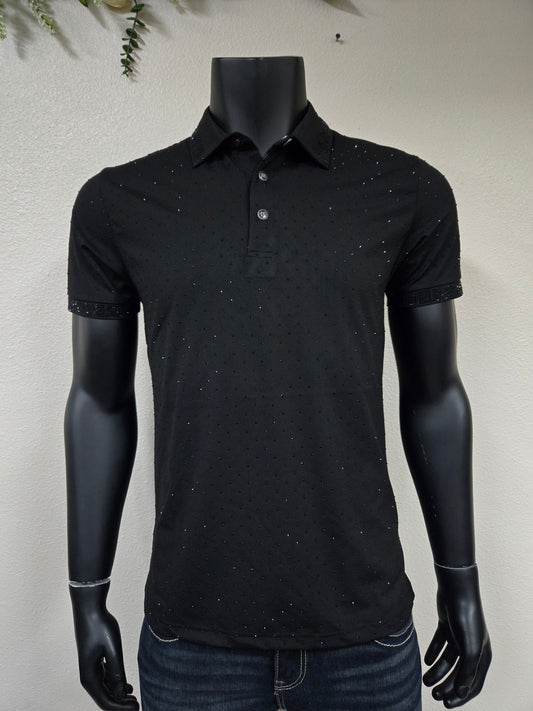 Mens Shadow Rhinestone Polo Shirt - Black