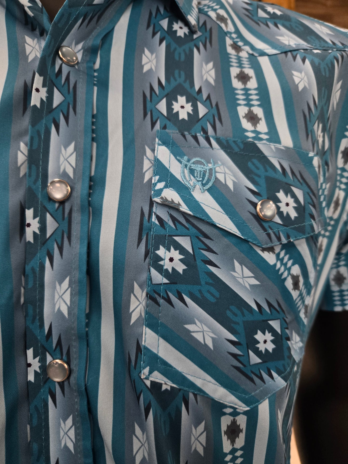 American West Mens Aztec Print Short Sleeve Button Shirt - Blue