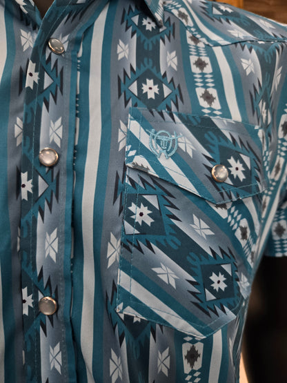 American West Mens Aztec Print Short Sleeve Button Shirt - Blue