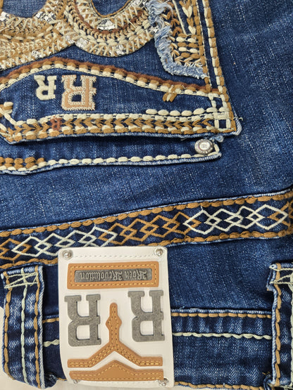 Rock Revolution Mens Esteban Embroidered Bootcut Straight Fit Jean - Medium Blue