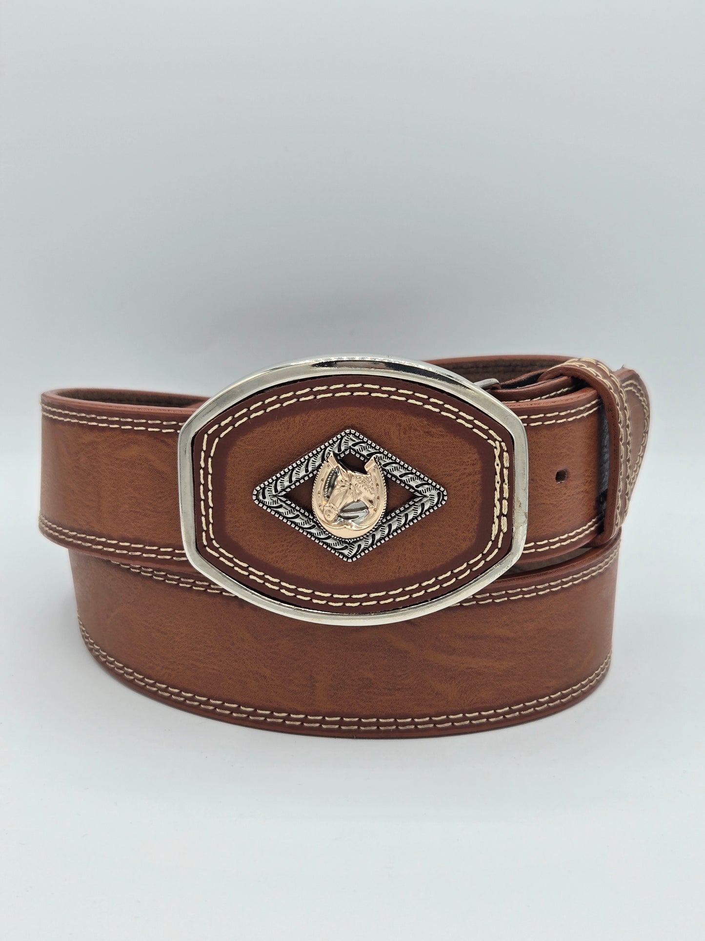 Variety Animals Pin Concho on Buckle Leather Belt -  Honey