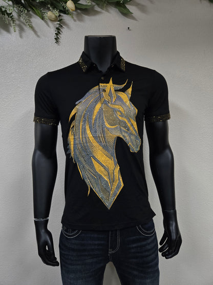 Mens Caballo Brillante Rhinestone Polo Shirt - Black