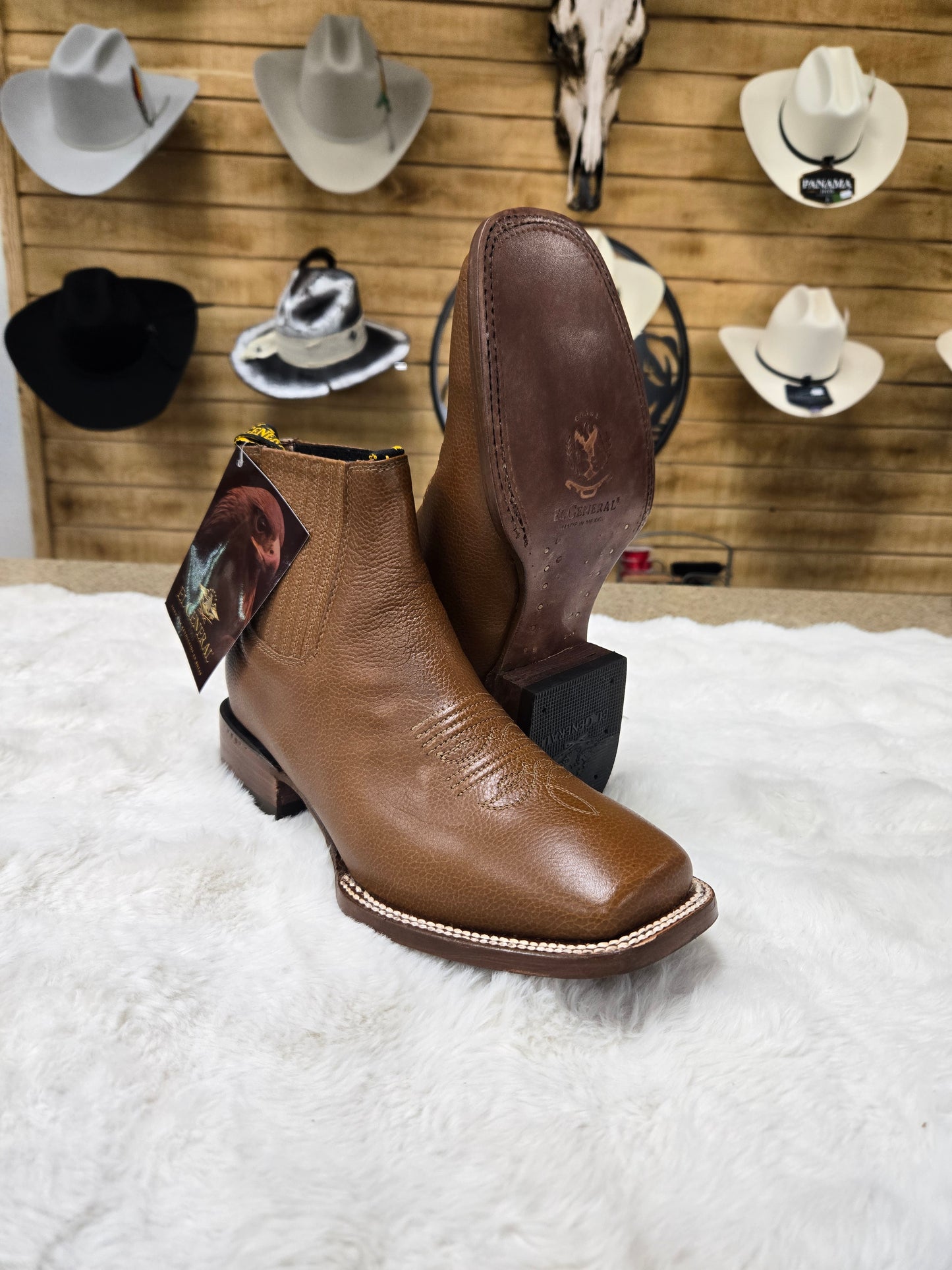 El General Mens Rodeo Leather Ankle Boot Botin - Brown, Tan