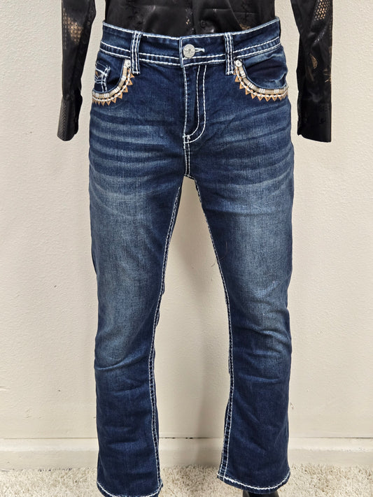 Montero Mens Embroidered Bootcut Pants - Medium Blue MT4632