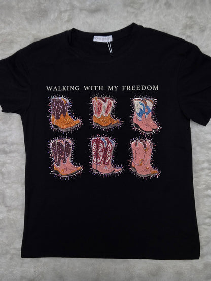 Womens Rhinestone Boots Walking with My Freedom TShirt