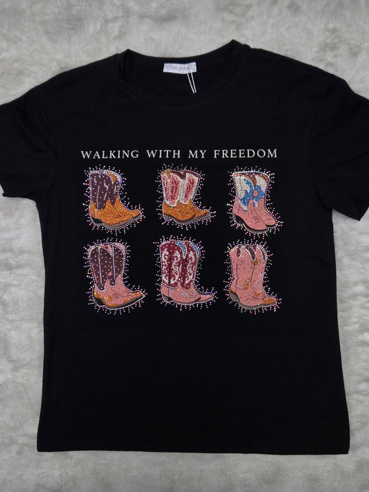 Womens Rhinestone Boots Walking with My Freedom TShirt