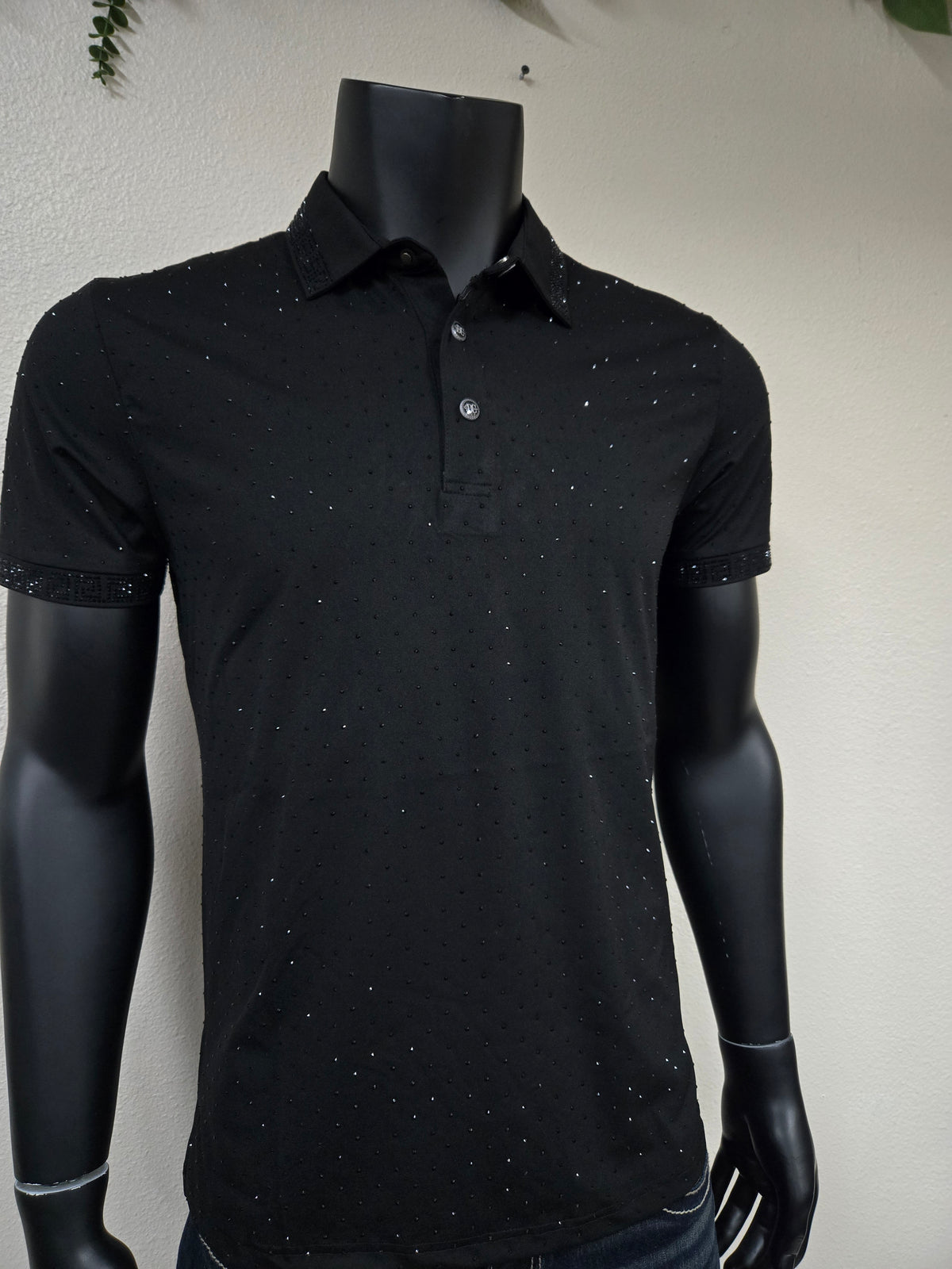 Mens Shadow Rhinestone Polo Shirt - Black