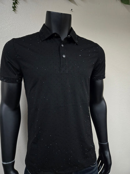 Mens Shadow Rhinestone Polo Shirt - Black