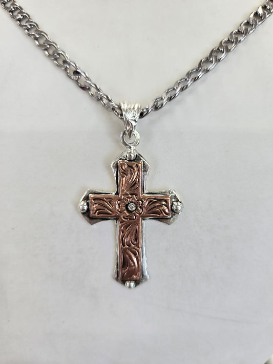 Silver Strike Rose Gold Flower Engraved Cross