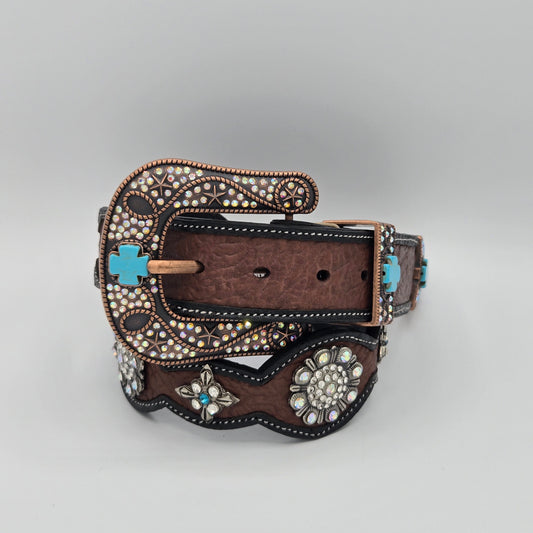 Tony Dilaz Womens Jeweled Flower Leather Belt