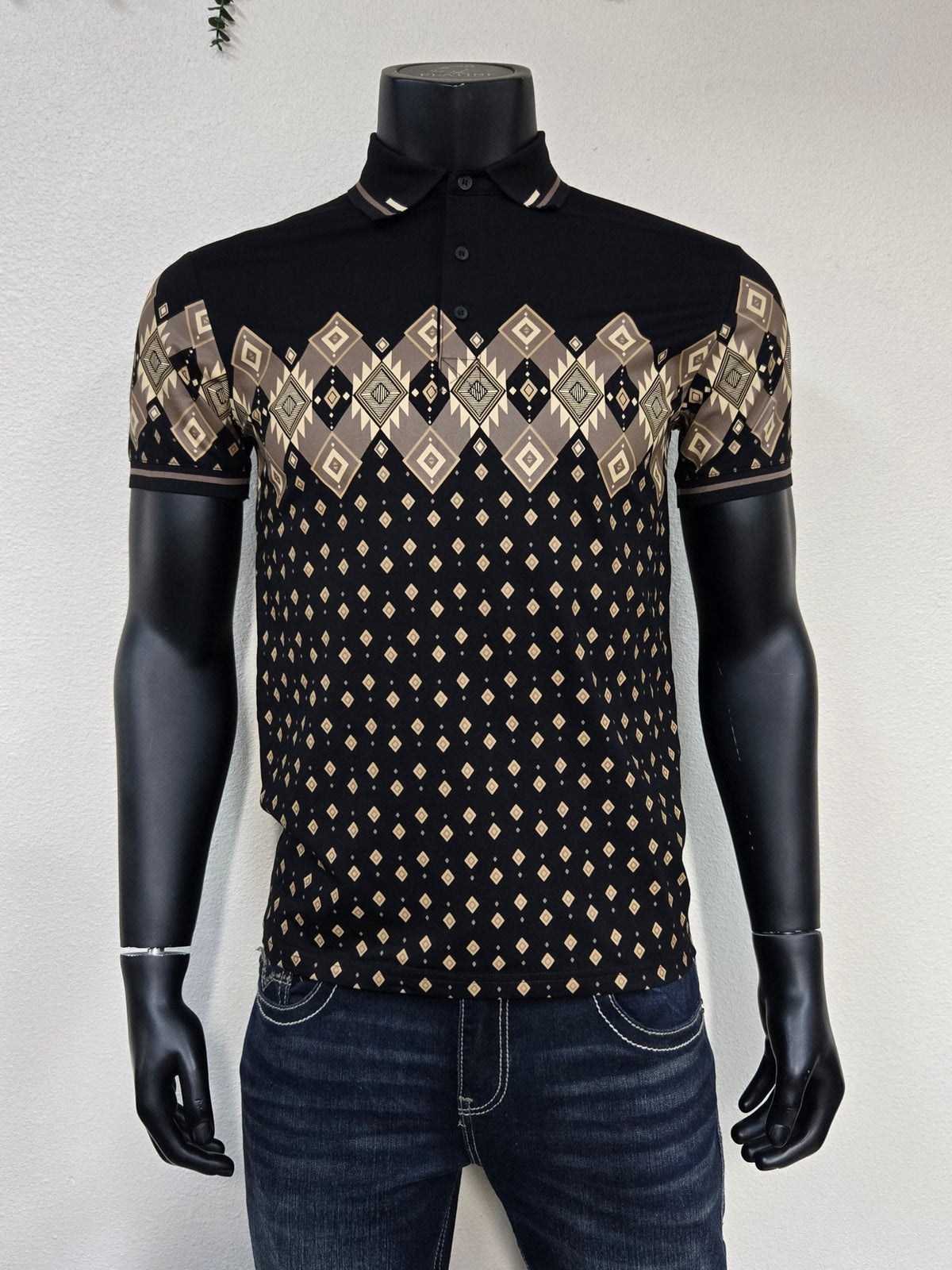 Lamasini Mens Diamond Aztec Print Polo - Black