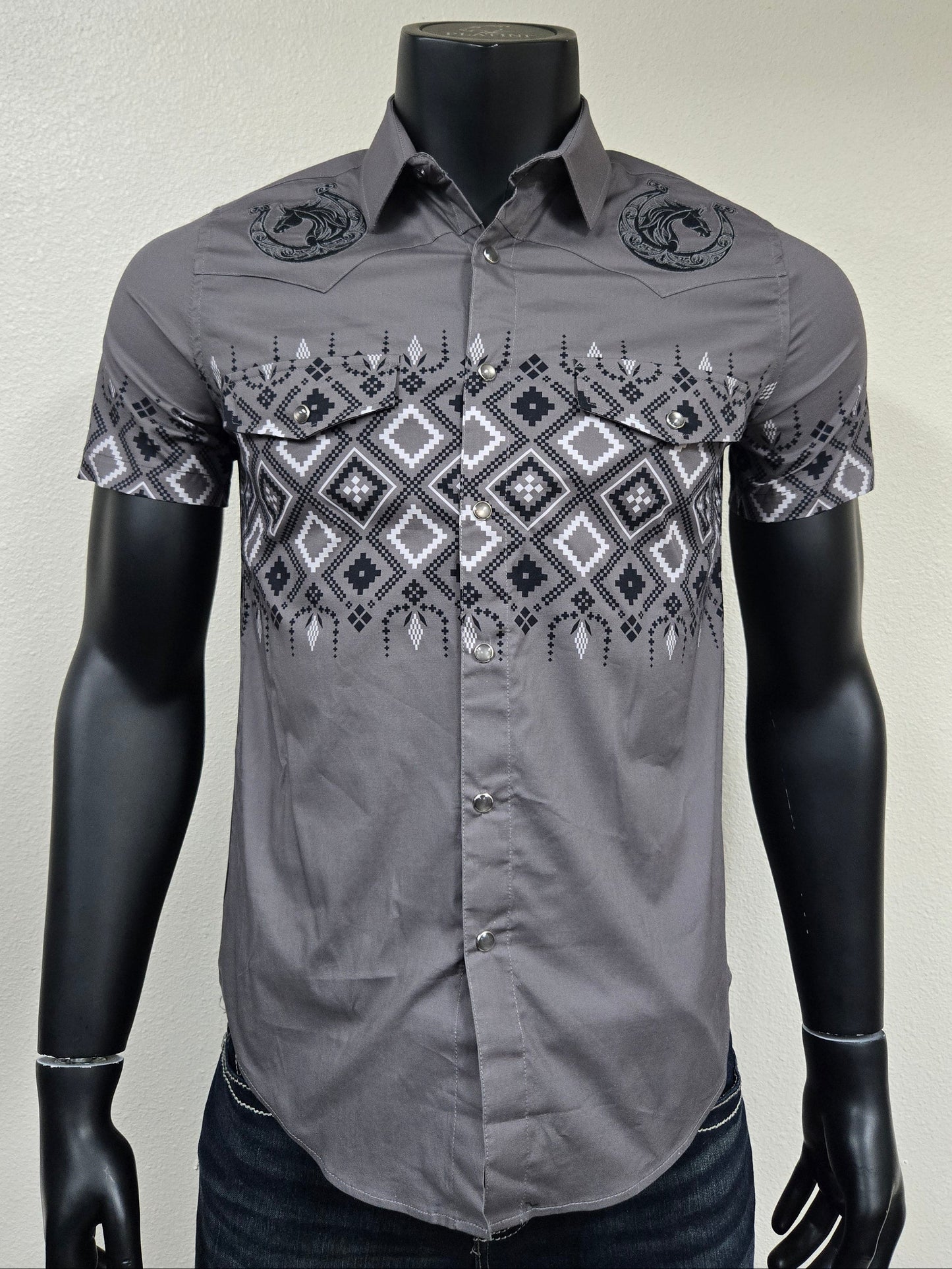 Lamasini Mens Horse Herradura Crest Snap Shirt - Charcoal, White
