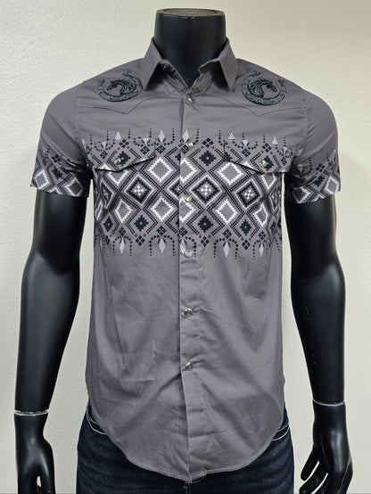 Lamasini Mens Horse Herradura Crest Snap Shirt - Charcoal, White