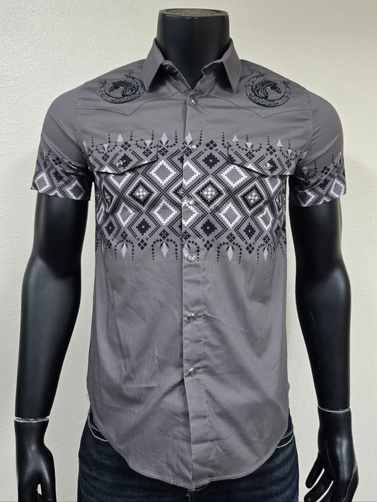 Lamasini Mens Horse Herradura Crest Snap Shirt - Charcoal, White