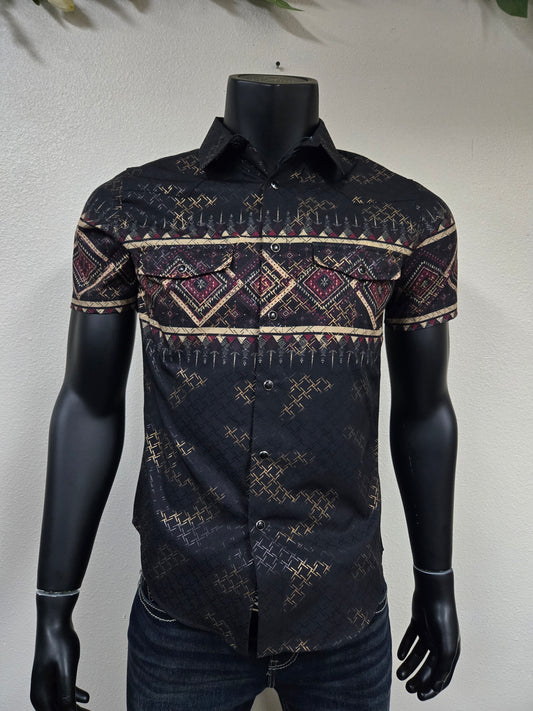 Lamasini Mens Aztec Strip Foil Snap Shirt - Black 2037