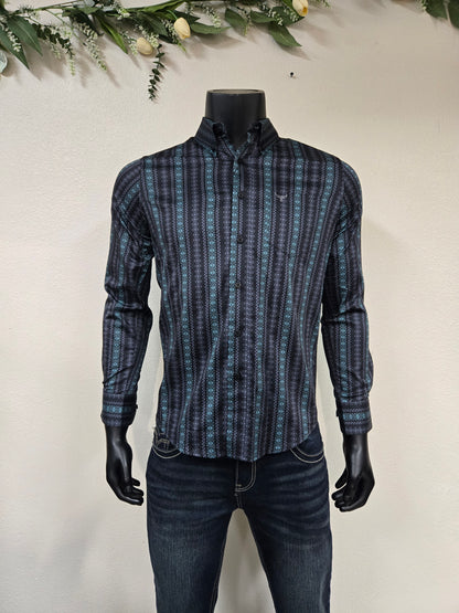 Lamasini Mens Aztec Stripe Long Sleeve Shirt - Black