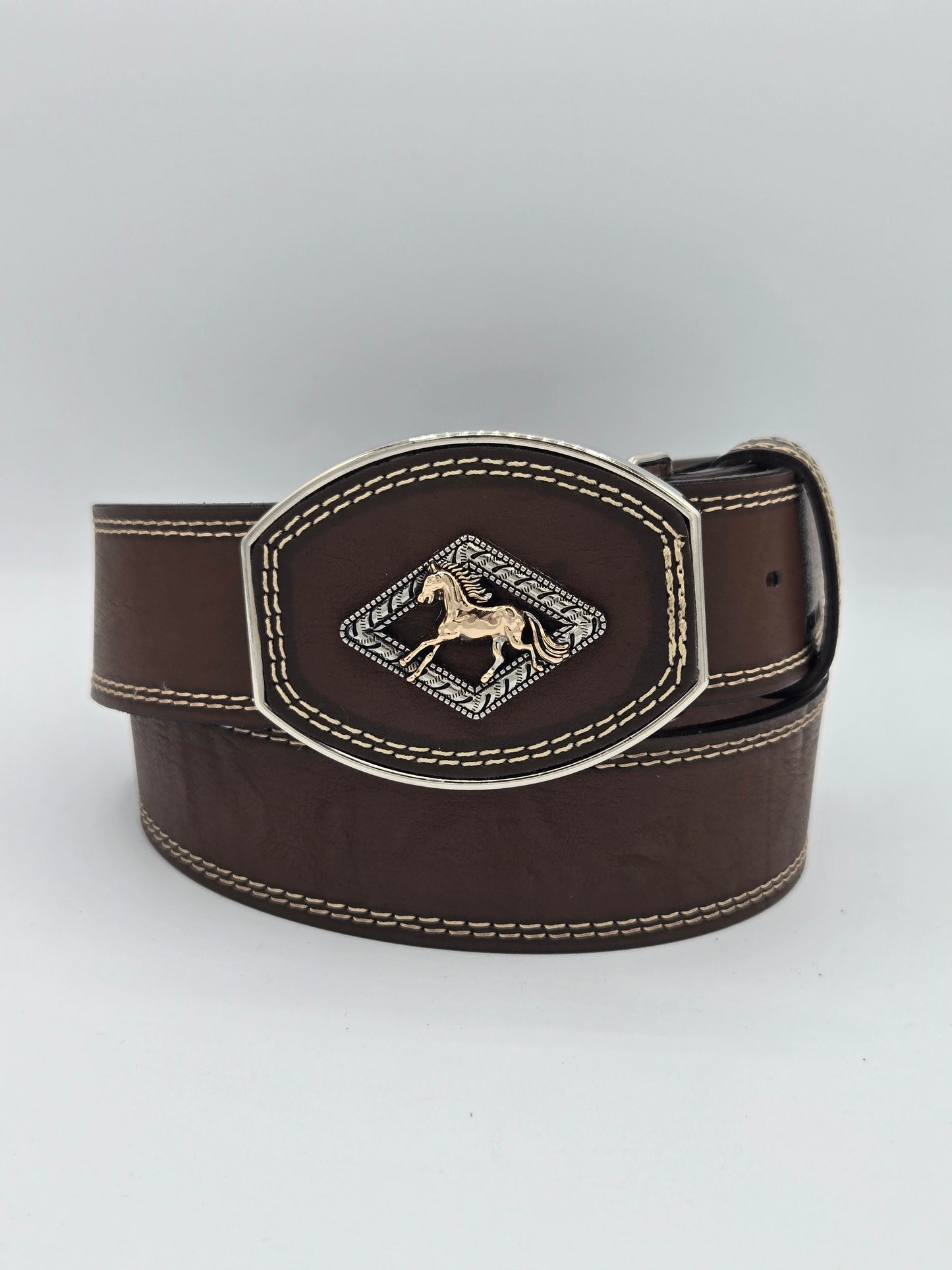 Variety Animals Pin Concho on Buckle Leather Belt -  Brown