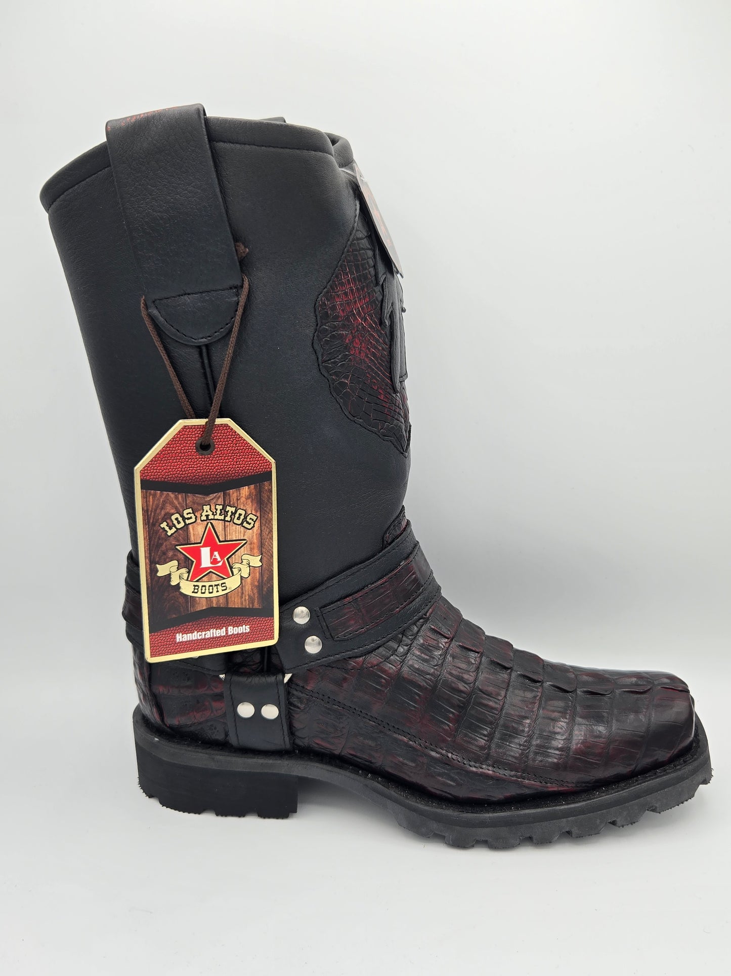 Los Altos Mens Caiman Tail Biker Boot - Black Cherry