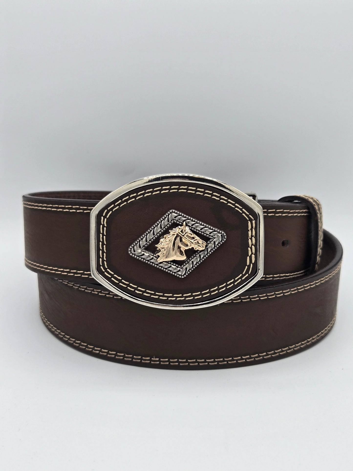 Variety Animals Pin Concho on Buckle Leather Belt -  Brown