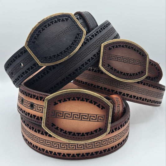 Del Cesar Greek Pattern Leather Belt