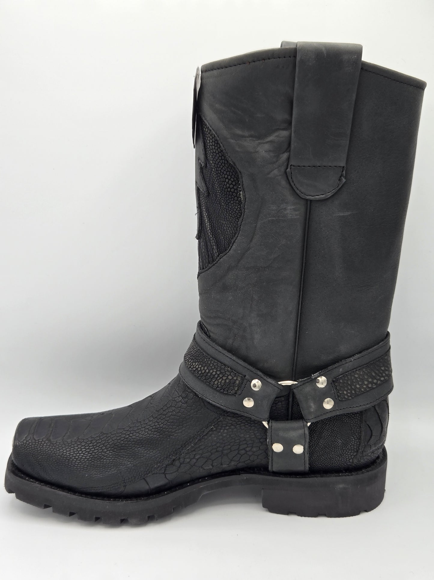 Los Altos Mens Ostrich Leg Biker Boot - Black