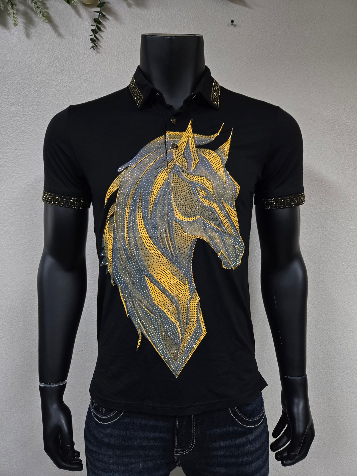 Mens Caballo Brillante Rhinestone Polo Shirt - Black