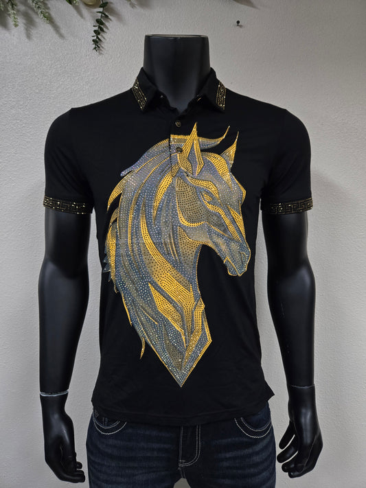 Mens Caballo Brillante Rhinestone Polo Shirt - Black