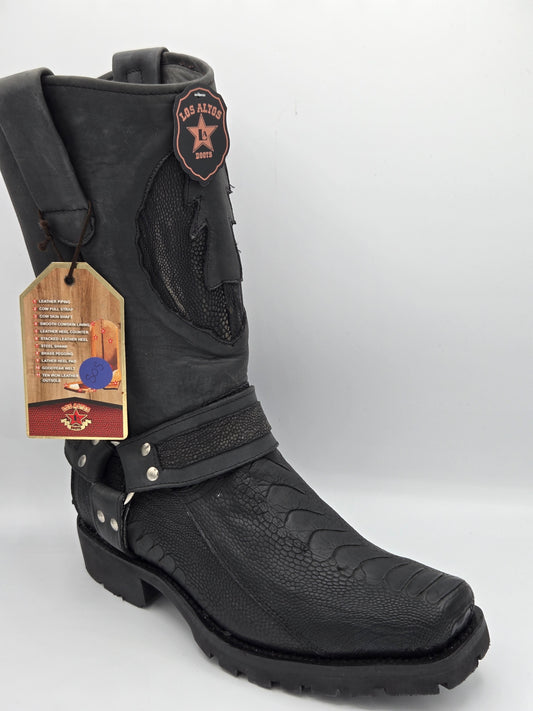 Los Altos Mens Ostrich Leg Biker Boot - Black