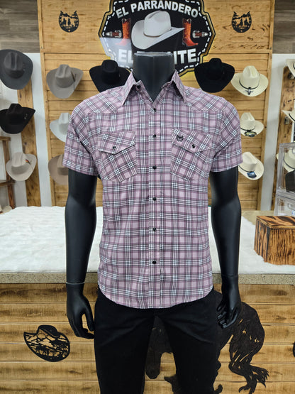American West Mens Uriel Checkered Short Sleeve Button Shirt - Light Purple/Cherry