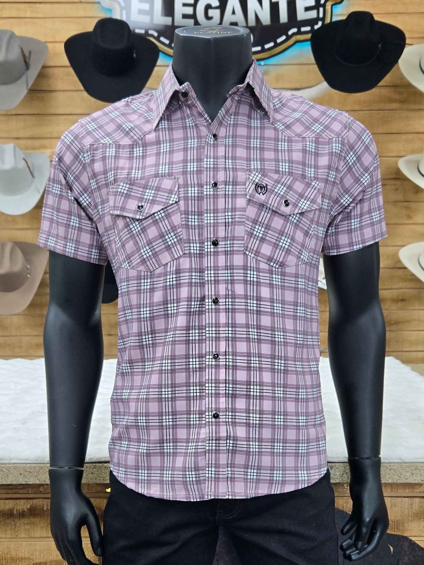American West Mens Uriel Checkered Short Sleeve Button Shirt - Light Purple/Cherry
