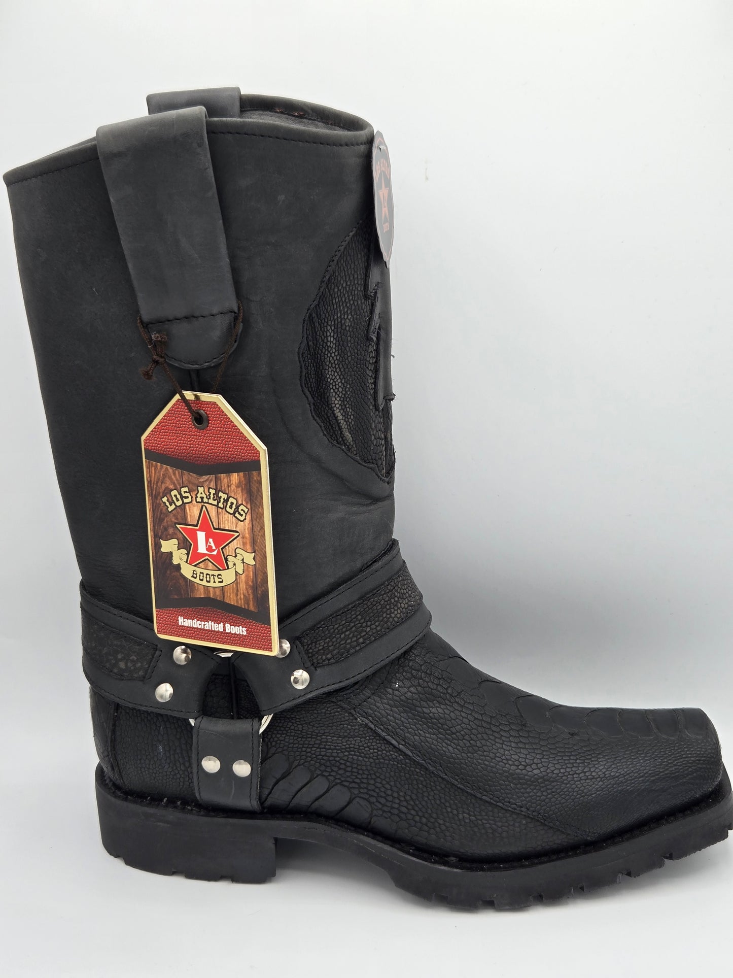 Los Altos Mens Ostrich Leg Biker Boot - Black